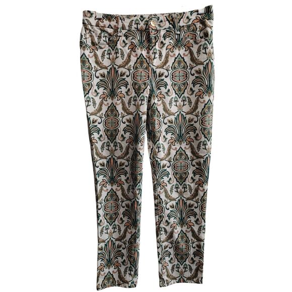 Chico's 0P Women's  White Green & Gold Paisley Design Slim Leg Ankle Denim Jeans - Picture 1 of 10